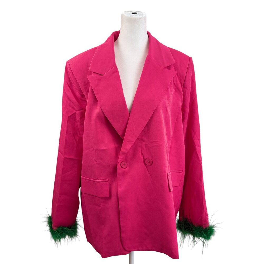 NWT PrettyLittleThing Hot Pink Oversized Blazer with Green Feather Cuffs
